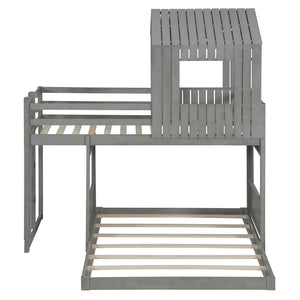 English Elm Wooden Twin Over Full Bunk Bed Farmhouse Playhouse Design with Ladder Guardrails LT000327AAE-1