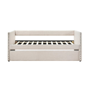 English Elm Modern Upholstered Daybed with Pull Out Trundle Nailhead Trim and Side Storage Pockets Beige B011P419489