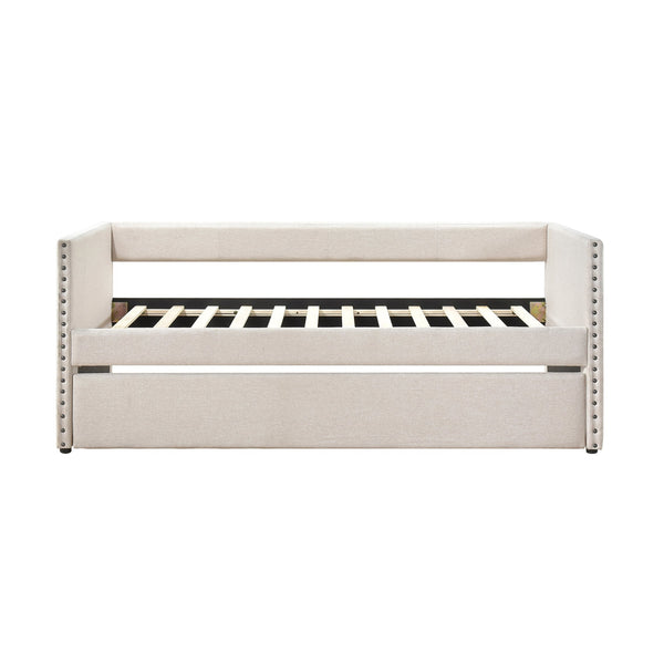 English Elm Modern Upholstered Daybed with Pull Out Trundle Nailhead Trim and Side Storage Pockets Beige B011P419489