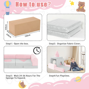 English Elm 11pcs Modular Foam Play Couch Set for Kids Velour Washable Toddler Playroom Builder Pink+Grey T5880P493424
