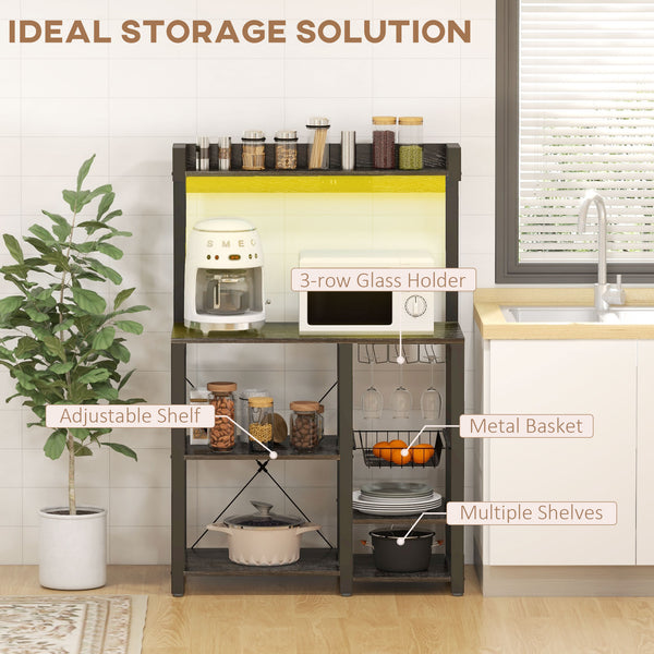 English Elm HOMCOM Industrial Baker's Rack with LED Lights, Charging Station, Glass Holders & Adjustable Shelves Grey W2225P200370