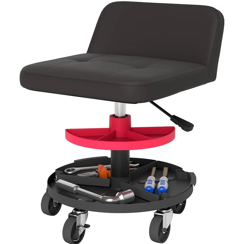 English Elm Rolling Mechanic Garage Stool with Pneumatic Lift Dual Trays and Lumbar Support T3971P412566