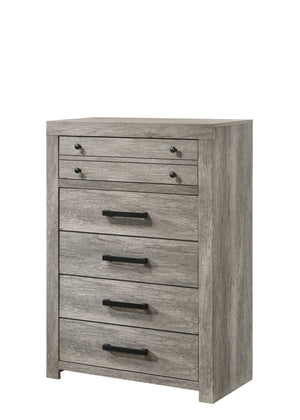 English Elm 1pc Rustic Charm Weathered Finish Metal Handle Five-Drawer Tall Chest Bedroom Storage Tower with Sleek Modern Lines and Easy Assembly Gray 37.7 L x 19.3 W x 52.4 H B2741P354505