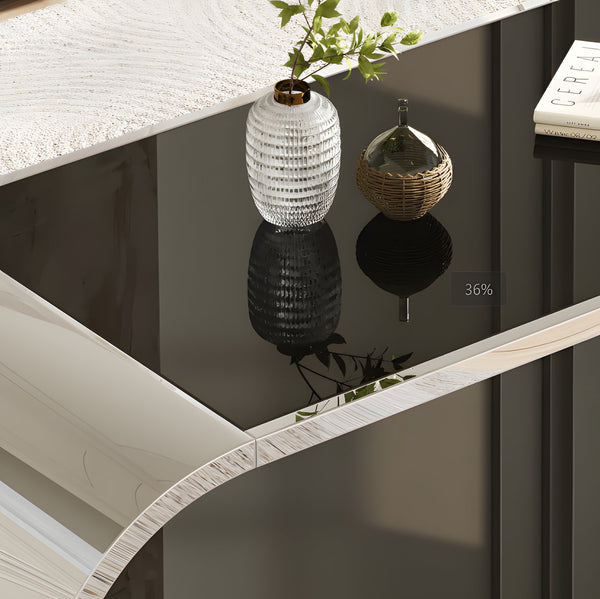 English Elm 57" Oval Silver Stainless Coffee Table with Black Tempered Glass, 2-Tier Storage, Modern Durable Design W3456S00029