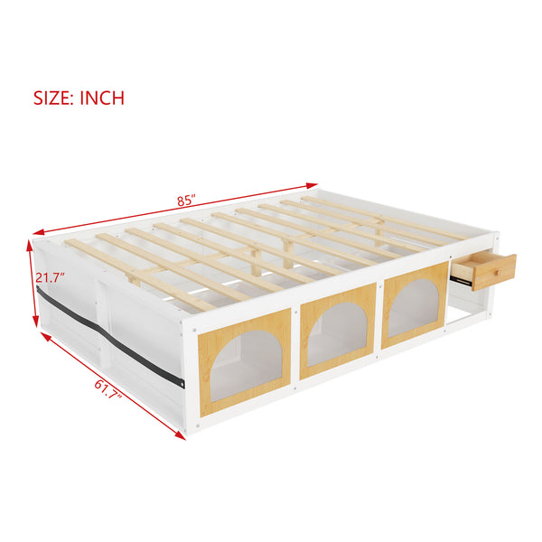 English Elm Queen Storage Platform Bed with Led Lighting Bookshelf Display Cabinet and Pull-out Drawer White+Natural N820S00078K