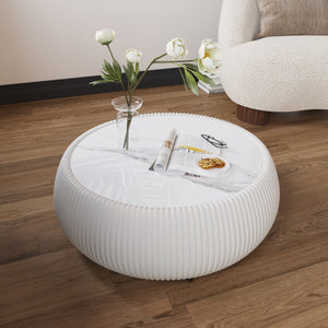 English Elm Light Marble Top Drum-Shaped Coffee Table: Chic Leather-Wrapped Design For Stylish Living Spaces W3081P367626