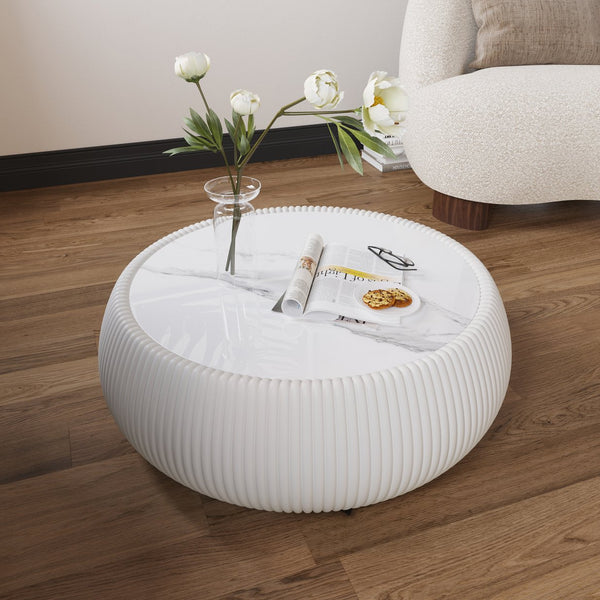 English Elm Light Marble Top Drum-Shaped Coffee Table: Chic Leather-Wrapped Design For Stylish Living Spaces W3081P367626