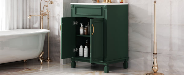English Elm 24'' Bathroom Vanity with Sink - Solid Wood Frame, Glossy Ceramic Basin, Soft-Close Doors & Ample Storage Elegant Modern Design, Durable MDF Construction, Retro Metal Handles, Compact 24-inch Cabinet Green N710P317675F