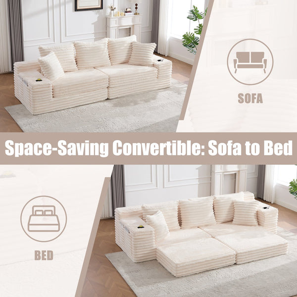 English Elm Oversized Corduroy Cloud Couch Convertible Sleeper Sofa with Memory Foam Seating Beige W395S00116
