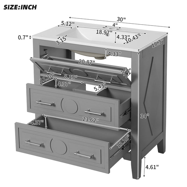 English Elm 30'' Bathroom Vanity with Ceramic Sink, Solid Wood Frame Retro Style Vanity with 3 Drawers & Gold Handles Gray N710P246209E