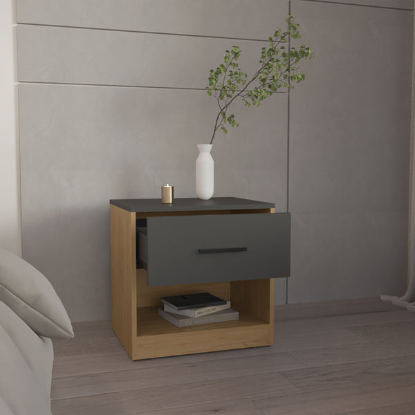 English Elm Nightstand, Compact Engineered Wood Design with Drawer and Open Shelf, Modern Eco-Friendly Finish Natural Wood 25.2 L x 20.87 W x 5.51 H B097P296846