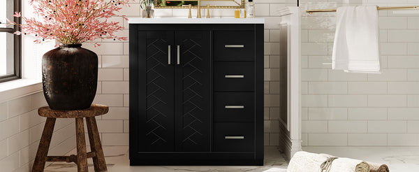 English Elm 30'' Bathroom Vanity With Ceramic Sink - Retro Freestanding Storage Cabinet, Soft-Close Drawers & Doors N710P191947B