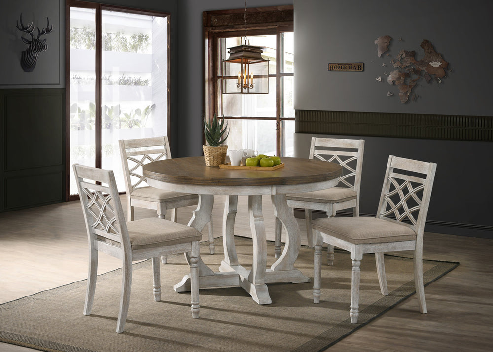 English Elm Fiorella Round Walnut Dining Set Seats Four with Upholstered Off White Chairs B2749S00001