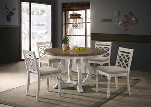 English Elm Fiorella Round Walnut Dining Set Seats Four with Upholstered Off White Chairs B2749S00001