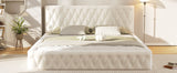 English Elm Queen Size Upholstered Bed With Tufted Headboard, Modern Velvet Platform Bed , No Box Spring Required, White