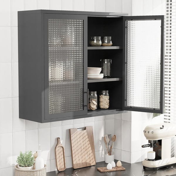 English Elm Retro Wall-Mounted Cabinet With Hazy Glass Doors & Adjustable Shelves For Stylish Home Storage Solutions W2378P176276-GIGA