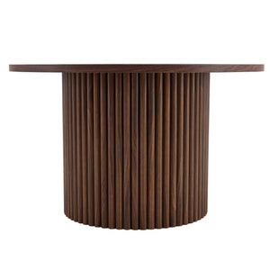 English Elm A modern circular coffee table Walnut MDF with hidden storage, cylindrical textured legs, polished edge detail, 27.5" diameter W1512P410543