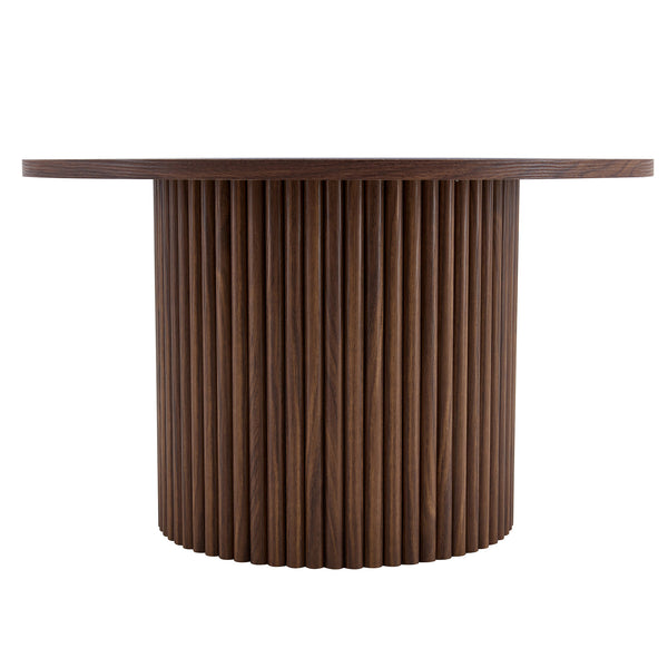 English Elm A modern circular coffee table Walnut MDF with hidden storage, cylindrical textured legs, polished edge detail, 27.5" diameter W1512P410543