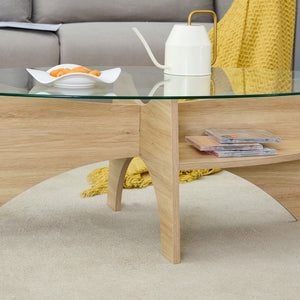 English Elm Oval Tempered Glass Coffee Table with Wood Grain Legs and Built-in Fan Tray Shelf W1151P256007