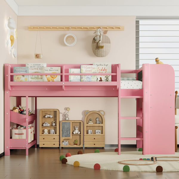 English Elm Twin Low Loft Bed Solid Pine Frame Kids Study Desk Blackboard Storage White W1580S00298