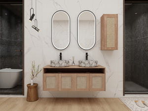 English Elm 48" Floating Bathroom Vanity Dual Ceramic Vessel Sinks Oak Finish Soft Close Doors W999S00500