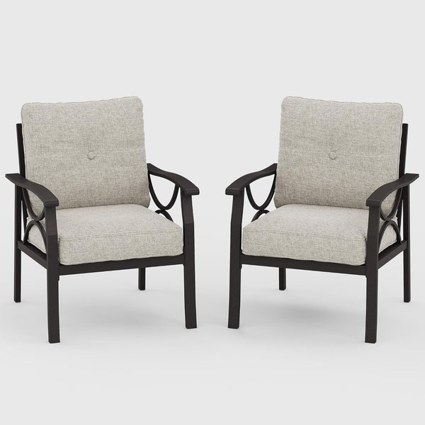 English Elm Set of 2 Outdoor Steel Armchairs Powder Coated Matte Frame with Cushioned Patio Seating Light Khaki+Beige B082P455144