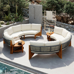 English Elm U_style Circular Patio Sofa Set Pp Rope Woven Steel Frame Acacia Wood Resort Lounge Beige WY000468AAA