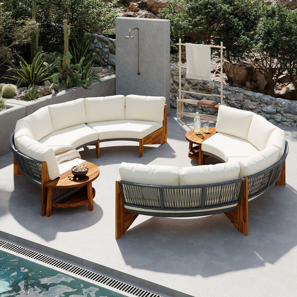 English Elm U_style Circular Patio Sofa Set Pp Rope Woven Steel Frame Acacia Wood Resort Lounge Beige WY000468AAA