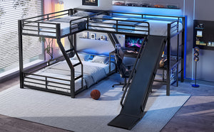 English Elm L-Shaped Triple Bunk Bed With Slide, Usb Ports, And Space-Saving Design For Kids & Teens, Black W1580S00277