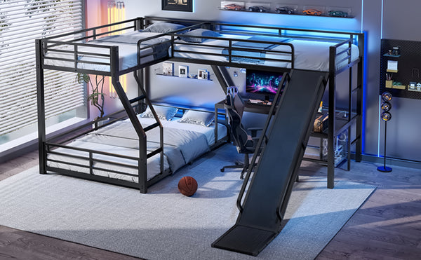 English Elm L-Shaped Triple Bunk Bed With Slide, Usb Ports, And Space-Saving Design For Kids & Teens, Black W1580S00277
