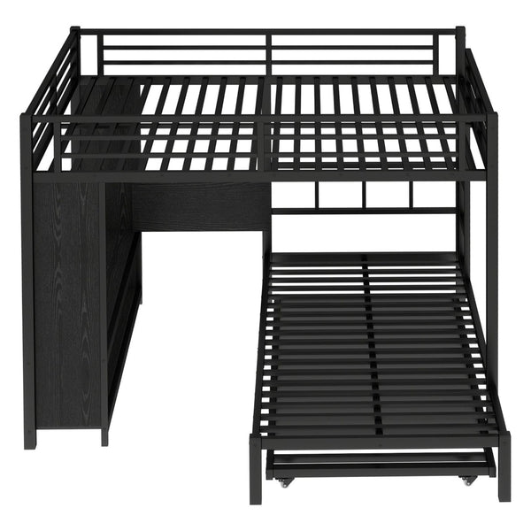 English Elm Queen Over Twin Bunk Bed With Wardrobe, Trundle, Foldable Desk & Noise-Reducing Design In Black W1580S00137-GIGA
