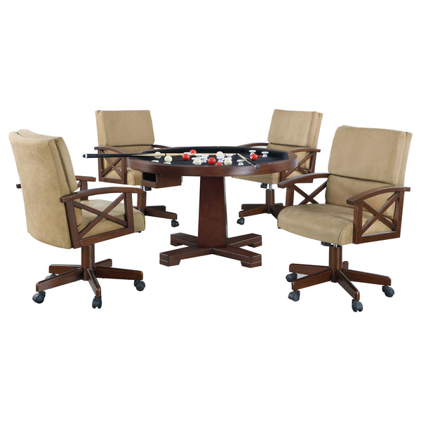 English Elm Calloway Tobacco 5-Piece Game Set with Upholstered Tan Casters, Rich Wood Grain Table for Entertaining B062S00897