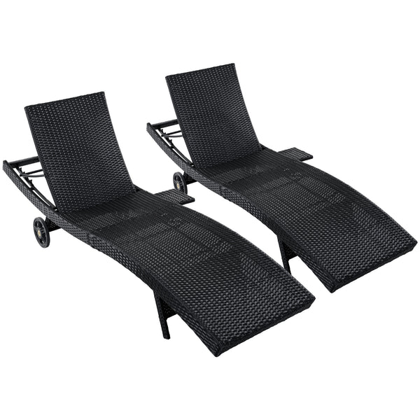 English Elm K&k Outdoor Wicker Reclining Chaise Set 2 Piece with Pull Out Tray Rolling Wheels Black N707P395515B