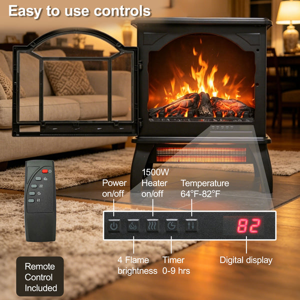 English Elm 18 Inch Infrared Quartz Freestanding Electric Fireplace Stove with 3d Flame Effect W1769112699