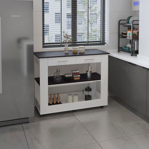 English Elm Cala Compact Kitchen Island with Two Drawers, Open Shelves & White Walnut Top for Small Kitchens B070P363801