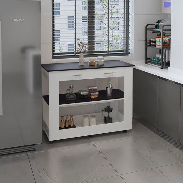 English Elm Cala Compact Kitchen Island with Two Drawers, Open Shelves & White Walnut Top for Small Kitchens B070P363801