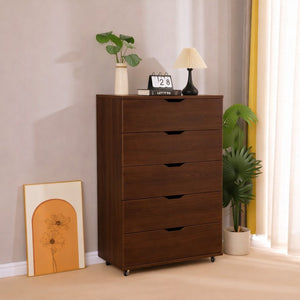 English Elm 5 Drawer Rolling Chest Distressed Finish Mobile Bedroom Storage Cabinet on Caster Wheels Dark Brown B372P444033