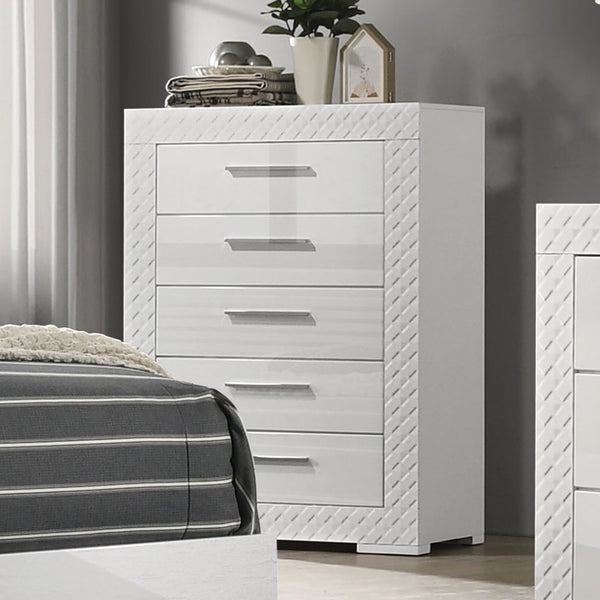 English Elm Modern Whitby Chest Glossy White 4-Drawer Bedroom Dresser with Chrome Handles, Felt-Lined Drawers, Wooden Legs – Stylish Durable Storage B2741P370863
