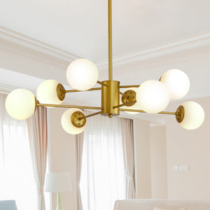 English Elm Modern 8-Light Gold Chandelier With White Glass Globe Shades, Mid-Century Branching Design, Elegant Ceiling Light Fixture For Dining Room, Living Room, Or Bedroom (No Bulbs)