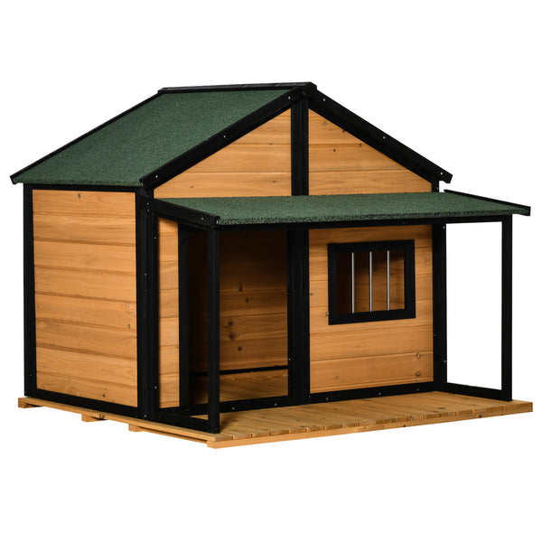 English Elm Dog House Outdoor Raised Fir Wood Cabin with Porch Side Window and Asphalt Roof T3971S00056