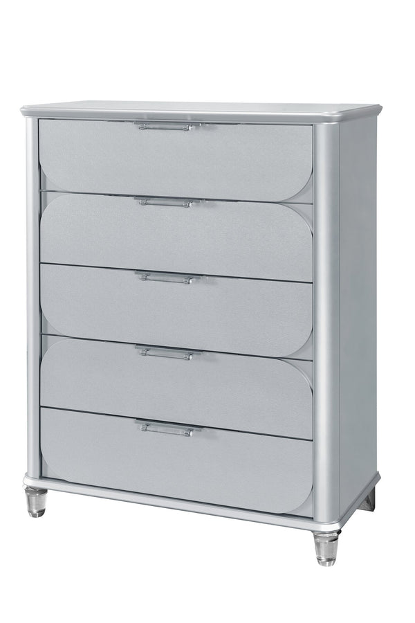 English Elm LAURA Solid Wood Chest with Spacious Drawers, Sleek Metallic Finish, Bun Feet & Acrylic Accent Legs Silver 40.87 L x 20.16 W x 50.16 H B201P294307