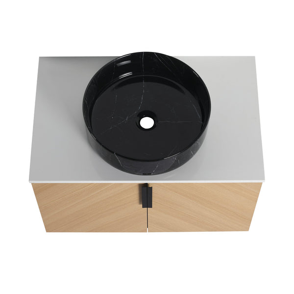 English Elm 30" Bathroom Vanity With Wall-Mounted Design, Ceramic Vessel Sink & Soft-Close Doors For Modern Homes W999S00447