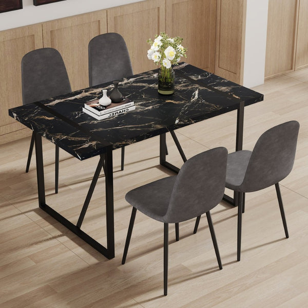 English Elm Table Modern Black Marble Dining Set With 4 Dark Gray Linen Chairs - Stylish, Stable, Easy Assembly W1151S03838-GIGA