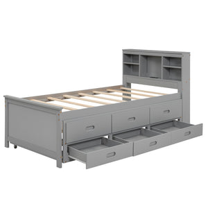 English Elm Twin Platform Bed with Storage Headboard, Pull-Out Trundle & 3 Drawers, USB Ports, Solid Wood Durability Gray GX000715AAE