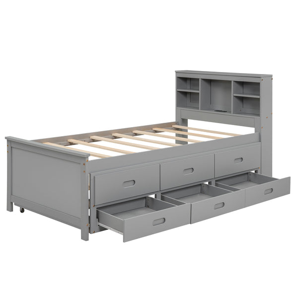 English Elm Twin Platform Bed with Storage Headboard, Pull-Out Trundle & 3 Drawers, USB Ports, Solid Wood Durability Gray GX000715AAE