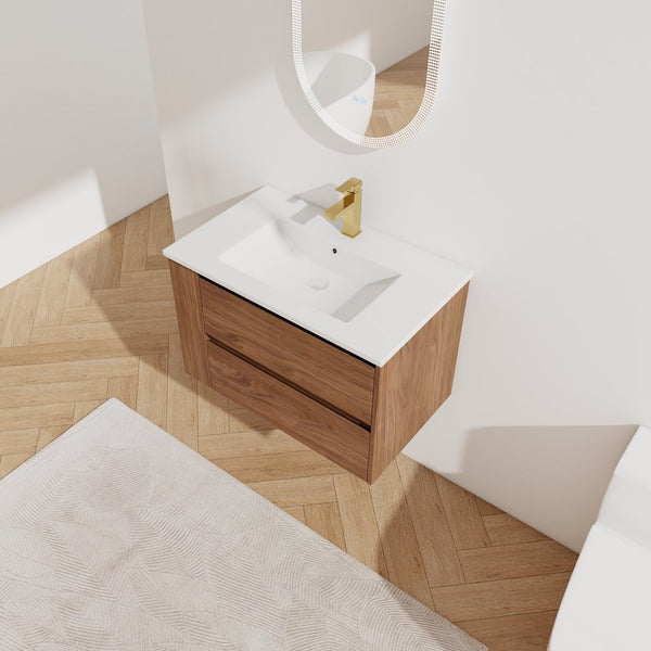 English Elm 30" Wall Mount Bathroom Vanity With Ceramic Sink & Soft-Close Drawers For Modern Storage Solutions W999S00207