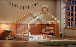 English Elm Full House Bed Frame with Shelves & LED Lights — Metal + Wood Full-Size Playhouse Bed for Kids Room Decor White N737P176706K