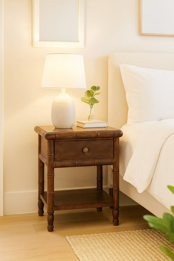 English Elm Solid Mango Wood Bamboo Carved Bedside Table - Elegant Nightstand With Drawer & Shelf Storage B182P372192-GIGA