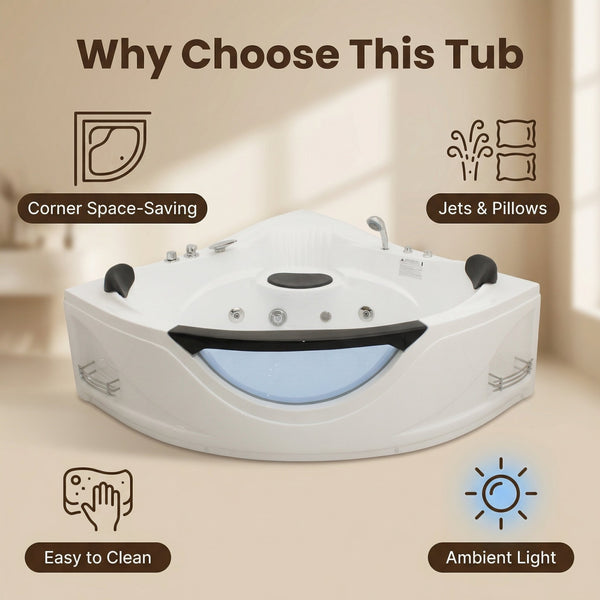 English Elm 59" Corner Whirlpool Tub for Two with Hydro Jets Chromatherapy Led Spa Bathing W3605P419568