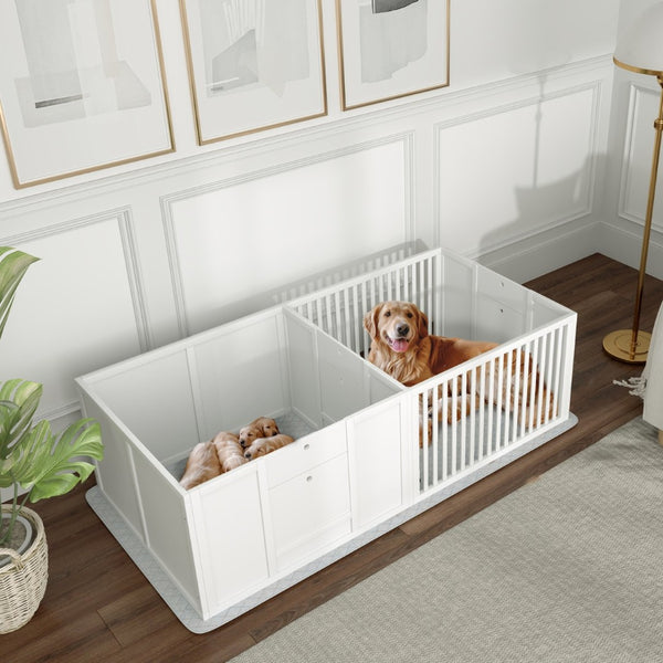 English Elm Pawhut Whelping Box With Waterproof Pee Pad, Adjustable Door & Dual-Compartment Design For All Breeds W2225P217621-GIGA